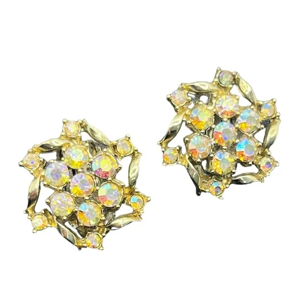 Jewelry Vintage Gold Tone Ab Aurora Borealis Rhinestone Clip On